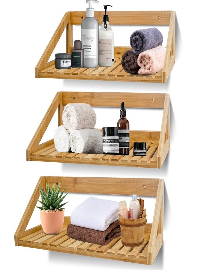 ONEHAUS Floating Shelves Wall Mounted, 3 Pcs Solid Bamboo Wall Hanging Rack Holder, Wall Storage Shelves for Bedroom, Living Room, Bathroom, Kitchen, Office Decor - Image 1